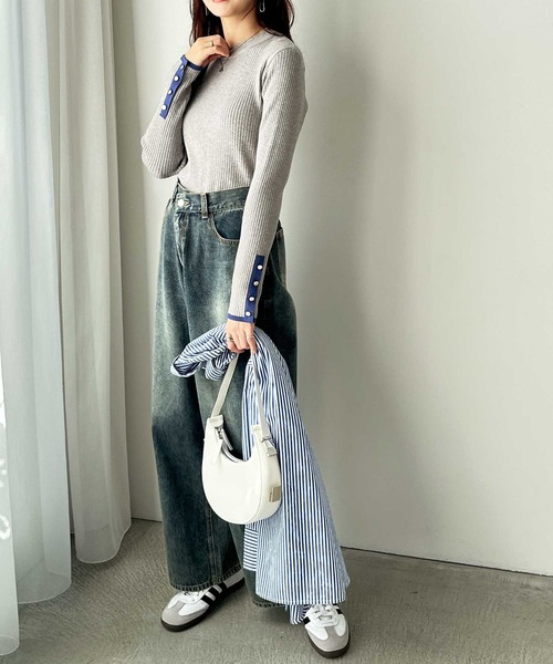 セール】もちもちリブ袖口ボタン配色ハイネックニット（ニット