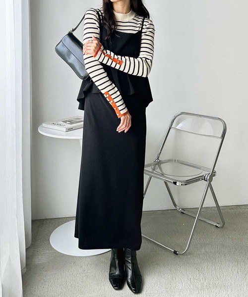 G1814 ララソ セール】もちもちリブ袖口ボタン配色ハイネックニット（ニット