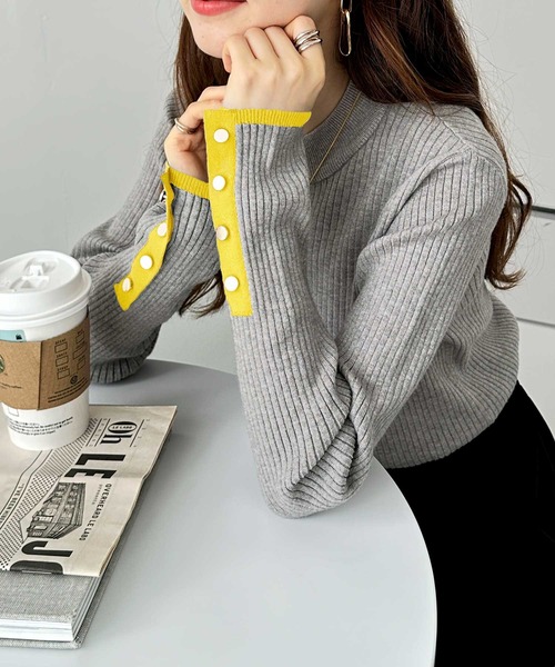 セール】もちもちリブ袖口ボタン配色ハイネックニット（ニット