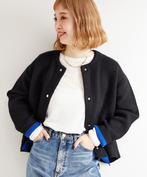 B.C STOCK（ベーセーストック）の「2層スムース編みニットブルゾン（カーディガン/ボレロ・レディース・ベージュ/チャコールグレー/ブラック・FREE）」の2枚目の写真