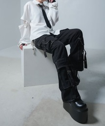 ステッチベルトポケットブラックデニムパンツ