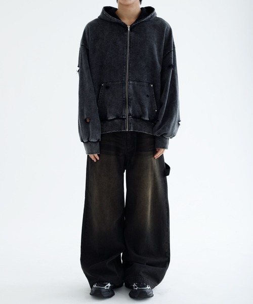 epnok（エプノック）の「【EPNK】Snow wash damage zip hoodie / スノーウォッシュダメージジップフーディー（パーカー・メンズ・ブラック・LARGE/MEDIUM/SMALL）」の6枚目の写真