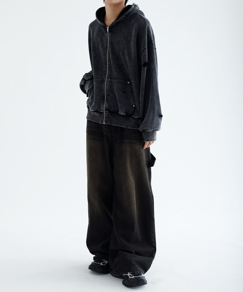 epnok（エプノック）の「【EPNK】Snow wash damage zip hoodie / スノーウォッシュダメージジップフーディー（パーカー・メンズ・ブラック・LARGE/MEDIUM/SMALL）」の8枚目の写真