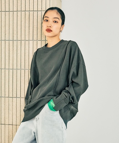 美品⁂センソユニコ⁂ジウ⁂異素材切り替　ドットプルオーバー　アシメ　変形ヘム　M セール】アシメ切り替えプルオーバー 150585（スウェット