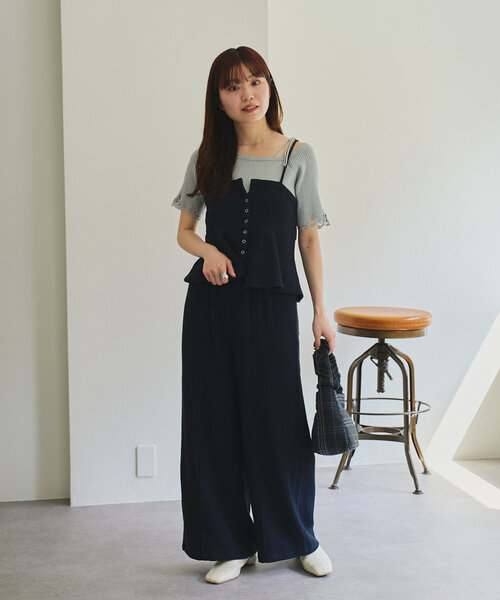 デニムライクペプラムキャミ　ブラックドット　カスタネ Kastane キャミソール 「セットアップ対応/無地＆ドット」デニム