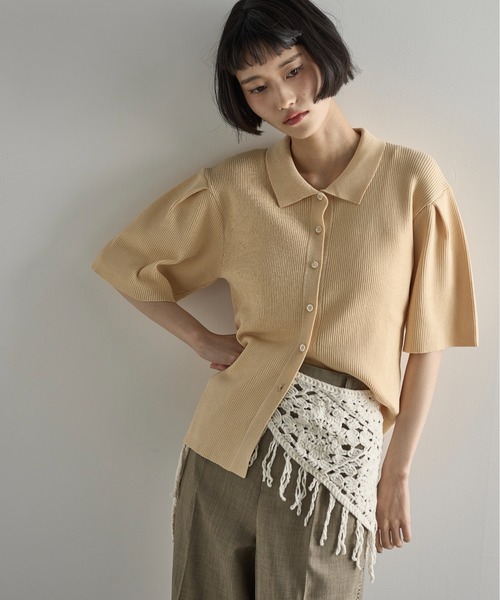 セール】タックハーフスリーブポロサマーリブニットカーディガン