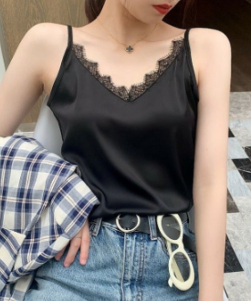 gossip!ロサンゼルス(ゴシップロサンゼルス)の「レース付き サテン生地 Vネック レイヤード キャミソール(キャミソール・レディース・グリーン/ブラック/ホワイト・M/S/L)」の3枚目の写真