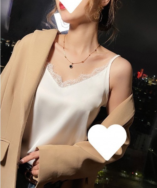 gossip!ロサンゼルス(ゴシップロサンゼルス)の「レース付き サテン生地 Vネック レイヤード キャミソール(キャミソール・レディース・グリーン/ブラック/ホワイト・M/S/L)」の5枚目の写真