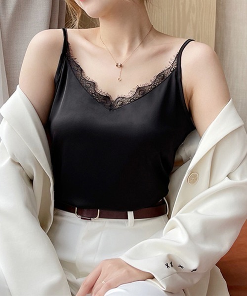 gossip!ロサンゼルス(ゴシップロサンゼルス)の「レース付き サテン生地 Vネック レイヤード キャミソール(キャミソール・レディース・グリーン/ブラック/ホワイト・M/S/L)」の13枚目の写真