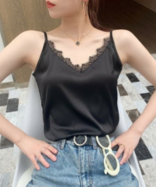 gossip!ロサンゼルス(ゴシップロサンゼルス)の「レース付き サテン生地 Vネック レイヤード キャミソール(キャミソール・レディース・グリーン/ブラック/ホワイト・M/S/L)」の14枚目の写真
