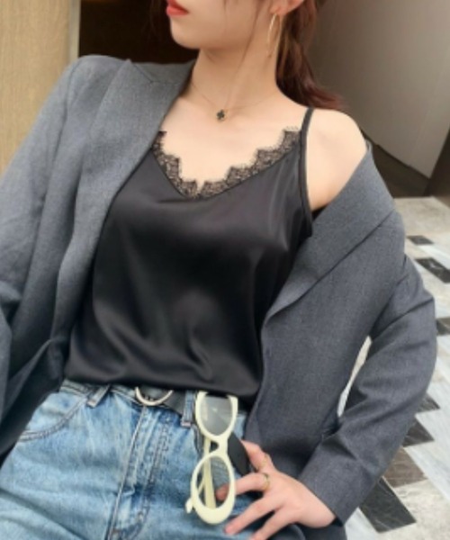 gossip!ロサンゼルス(ゴシップロサンゼルス)の「レース付き サテン生地 Vネック レイヤード キャミソール(キャミソール・レディース・グリーン/ブラック/ホワイト・M/S/L)」の15枚目の写真