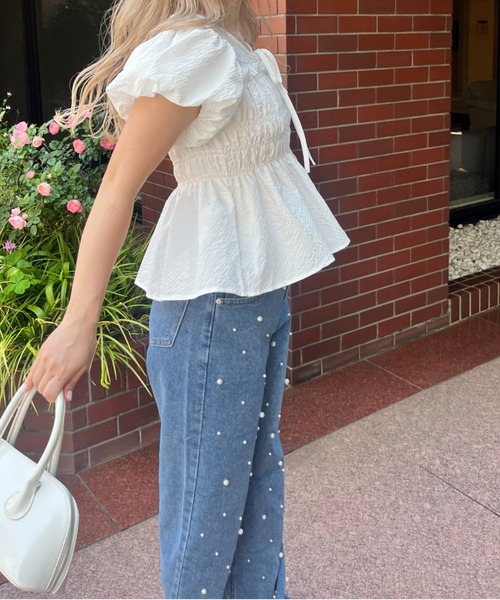 MORE self LOVE（モアセルフラブ）の「パフスリーブシャーリングトップス（Tシャツ/カットソー・レディース・ホワイト/ベージュ・FREE）」の4枚目の写真