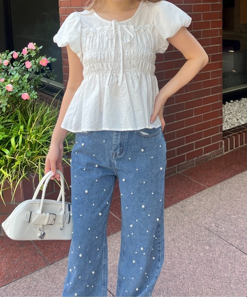 MORE self LOVE（モアセルフラブ）の「パフスリーブシャーリングトップス（Tシャツ/カットソー・レディース・ホワイト/ベージュ・FREE）」の6枚目の写真