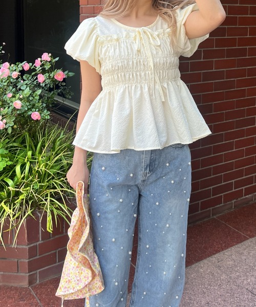 MORE self LOVE（モアセルフラブ）の「パフスリーブシャーリングトップス（Tシャツ/カットソー・レディース・ホワイト/ベージュ・FREE）」の22枚目の写真