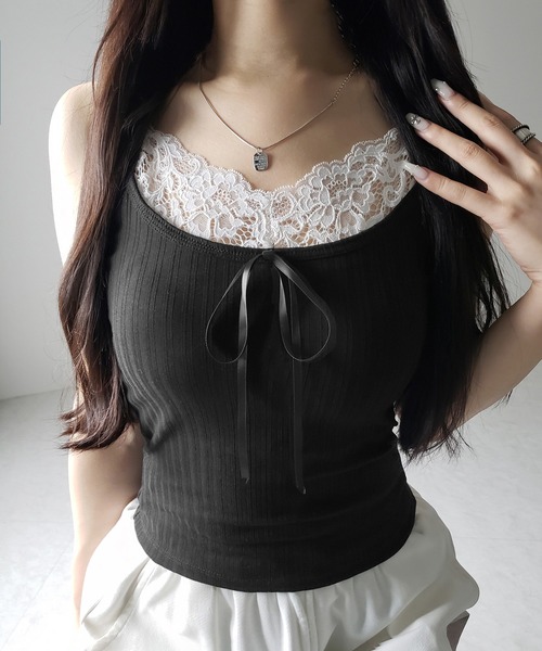 me+em select（ミームセレクト）の「【 ３color ／ カップ付き 】フロントリボンレースドッキングキャミソール ／front ribbon lace docking camisole（キャミソール・レディース・ホワイト/グレー/ブラック・FREE）」の3枚目の写真