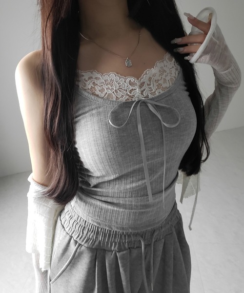 me+em select（ミームセレクト）の「【 ３color ／ カップ付き 】フロントリボンレースドッキングキャミソール ／front ribbon lace docking camisole（キャミソール・レディース・ホワイト/グレー/ブラック・FREE）」の6枚目の写真