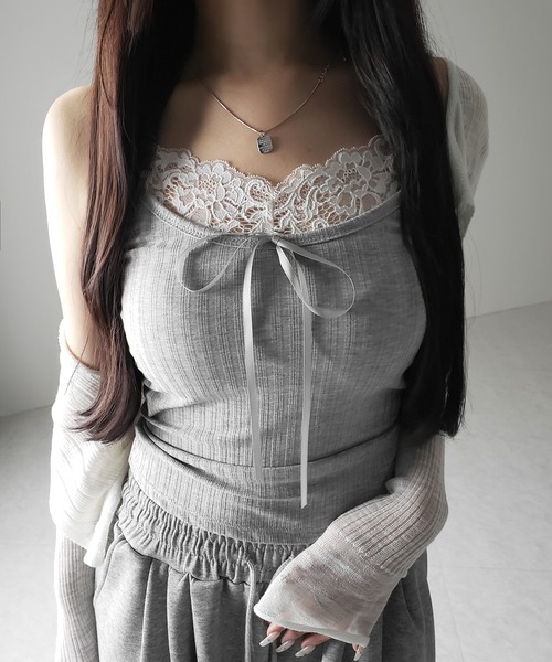 me+em select（ミームセレクト）の「【 ３color ／ カップ付き 】フロントリボンレースドッキングキャミソール ／front ribbon lace docking camisole（キャミソール・レディース・ホワイト/グレー/ブラック・FREE）」の9枚目の写真