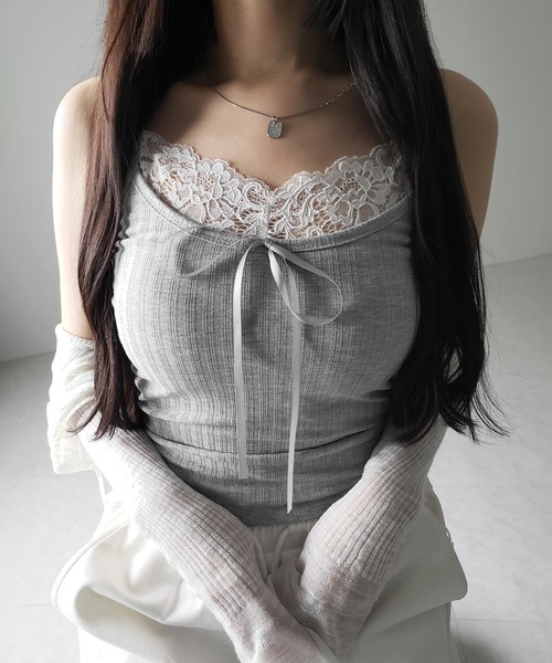 me+em select（ミームセレクト）の「【 ３color ／ カップ付き 】フロントリボンレースドッキングキャミソール ／front ribbon lace docking camisole（キャミソール・レディース・ホワイト/グレー/ブラック・FREE）」の12枚目の写真