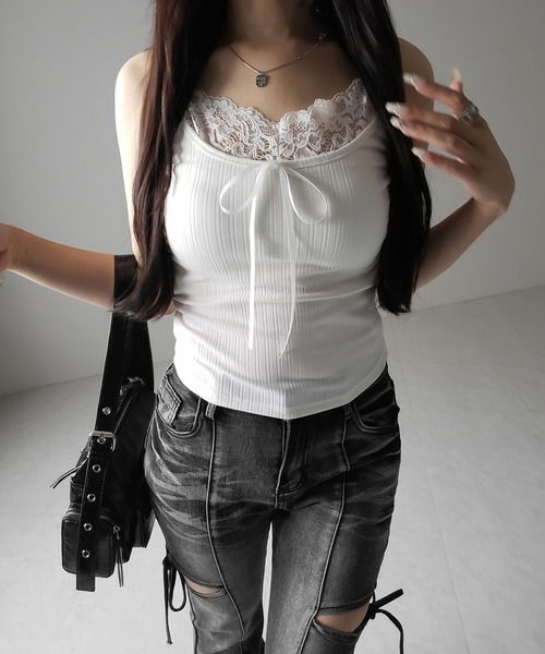 me+em select（ミームセレクト）の「【 ３color ／ カップ付き 】フロントリボンレースドッキングキャミソール ／front ribbon lace docking camisole（キャミソール・レディース・ホワイト/グレー/ブラック・FREE）」の16枚目の写真
