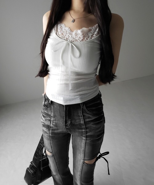 me+em select（ミームセレクト）の「【 ３color ／ カップ付き 】フロントリボンレースドッキングキャミソール ／front ribbon lace docking camisole（キャミソール・レディース・ホワイト/グレー/ブラック・FREE）」の17枚目の写真