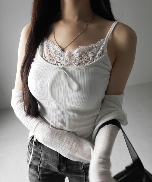me+em select（ミームセレクト）の「【 ３color ／ カップ付き 】フロントリボンレースドッキングキャミソール ／front ribbon lace docking camisole（キャミソール・レディース・ホワイト/グレー/ブラック・FREE）」の19枚目の写真