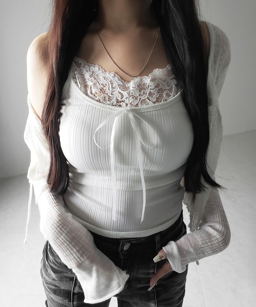 me+em select（ミームセレクト）の「【 ３color ／ カップ付き 】フロントリボンレースドッキングキャミソール ／front ribbon lace docking camisole（キャミソール・レディース・ホワイト/グレー/ブラック・FREE）」の20枚目の写真