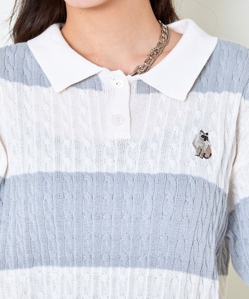 セール】猫刺繍ケーブルポロニットプルオーバー（ニット