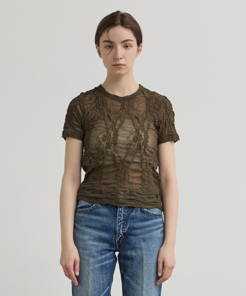 INSCRIRE（アンスクリア）の「【INSCRIRE/アンスクリア】Race Tee/シアーレースTシャツ/フラワージャガードシアーカットソー（Tシャツ/カットソー・レディース・ブラック/カーキ・FREE）」の4枚目の写真