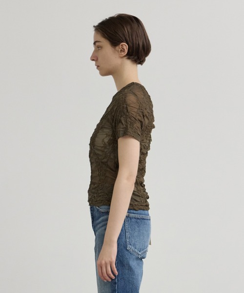 INSCRIRE（アンスクリア）の「【INSCRIRE/アンスクリア】Race Tee/シアーレースTシャツ/フラワージャガードシアーカットソー（Tシャツ/カットソー・レディース・ブラック/カーキ・FREE）」の5枚目の写真