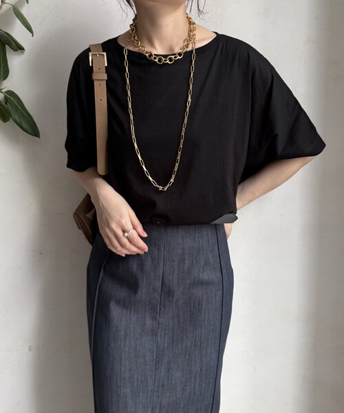 DouDou(ドゥドゥ)の「【WEB限定】ボートネック切替プルオーバー(Tシャツ/カットソー・レディース・オフホワイト/ブルー/ブラック/カーキ・FREE)」の21枚目の写真