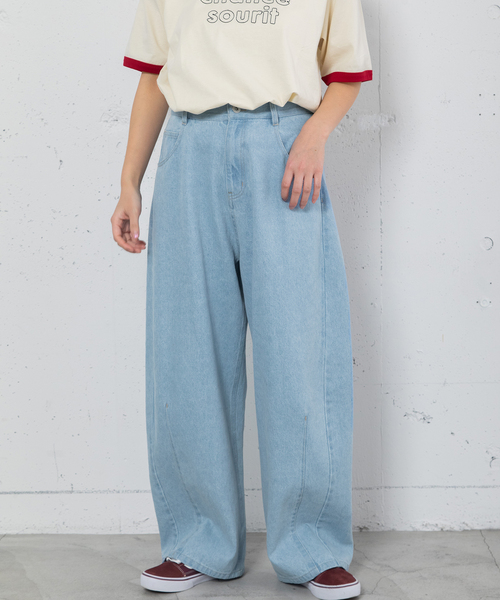 POU DOU DOU（プードゥドゥ）の「ルーズバレルジーンズ（デニムパンツ・レディース・パープル系/キナリ/インディゴブルー・M）」の8枚目の写真