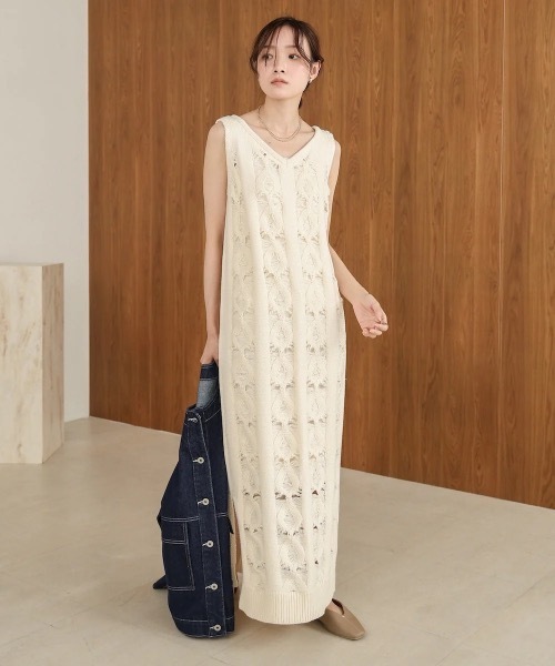 Bab(バブ)の「【S・Mサイズ展開】ミックス編みニットワンピース(ワンピース・レディース・アイボリー/グレー・SMALL/MEDIUM)」の1枚目の写真
