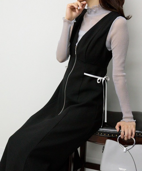 pumpkin port(パンプキンポート)の「サイドリボン フロントZIP Vネックジャンスカ(ワンピース・レディース・ブラック/グレー・M/L)」の15枚目の写真