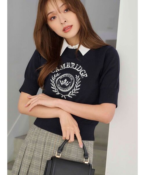 MERCURYDUO（マーキュリーデュオ）の「カレッジロゴプリントニット（ニット/セーター・レディース・ネイビー/オフホワイト/グレー・FREE）」の4枚目の写真