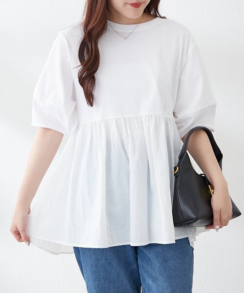 continuer de NICE CLAUP(コンティニューデナイスクラップ)の「大人ランタン袖ドッキングT(Tシャツ/カットソー・レディース・ブラック/オフホワイト/ブラウン・FREE)」の2枚目の写真