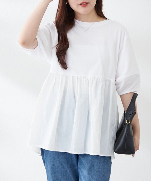 continuer de NICE CLAUP(コンティニューデナイスクラップ)の「大人ランタン袖ドッキングT(Tシャツ/カットソー・レディース・ブラック/オフホワイト/ブラウン・FREE)」の4枚目の写真