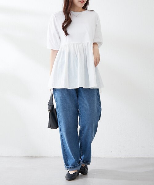 continuer de NICE CLAUP(コンティニューデナイスクラップ)の「大人ランタン袖ドッキングT(Tシャツ/カットソー・レディース・ブラック/オフホワイト/ブラウン・FREE)」の7枚目の写真