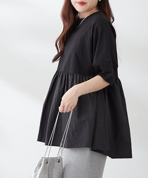 continuer de NICE CLAUP(コンティニューデナイスクラップ)の「大人ランタン袖ドッキングT(Tシャツ/カットソー・レディース・ブラック/オフホワイト/ブラウン・FREE)」の9枚目の写真