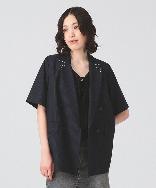Ray BEAMS(レイビームス)の「ラペル ドット ハーフスリーブ ジャケット(テーラードジャケット・レディース・ブラック/ネイビー・0/1)」の1枚目の写真
