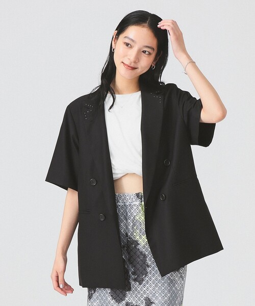 Ray BEAMS(レイビームス)の「ラペル ドット ハーフスリーブ ジャケット(テーラードジャケット・レディース・ブラック/ネイビー・0/1)」の2枚目の写真