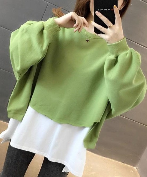 cammie（キャミー）の「レイヤード風クルーネック裾カットオフスウェットトップス（Tシャツ/カットソー・レディース・ライトグレー/ブラック/アイボリー/イエロー×グリーン・MEDIUM/LARGE）」の4枚目の写真