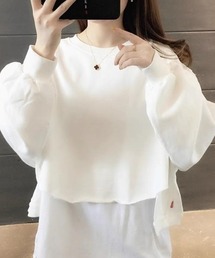 レイヤード風クルーネック裾カットオフスウェットトップス