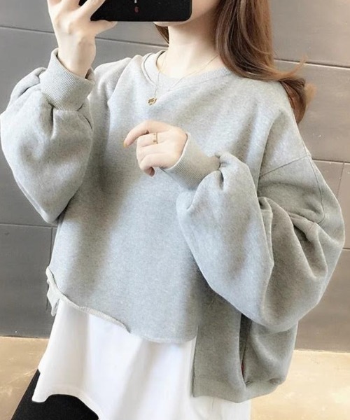 cammie（キャミー）の「レイヤード風クルーネック裾カットオフスウェットトップス（Tシャツ/カットソー・レディース・ライトグレー/ブラック/アイボリー/イエロー×グリーン・MEDIUM/LARGE）」の3枚目の写真