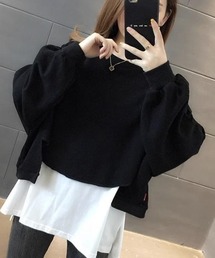 レイヤード風クルーネック裾カットオフスウェットトップス