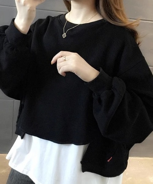 cammie（キャミー）の「レイヤード風クルーネック裾カットオフスウェットトップス（Tシャツ/カットソー・レディース・ライトグレー/ブラック/アイボリー/イエロー×グリーン・MEDIUM/LARGE）」の12枚目の写真