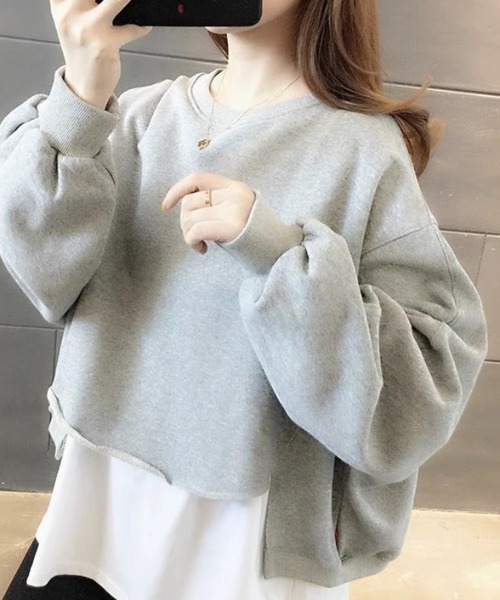 cammie（キャミー）の「レイヤード風クルーネック裾カットオフスウェットトップス（Tシャツ/カットソー・レディース・ライトグレー/ブラック/アイボリー/イエロー×グリーン・MEDIUM/LARGE）」の17枚目の写真