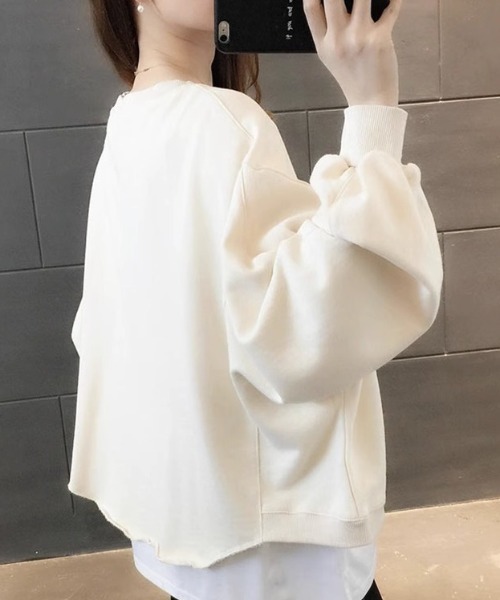 cammie（キャミー）の「レイヤード風クルーネック裾カットオフスウェットトップス（Tシャツ/カットソー・レディース・ライトグレー/ブラック/アイボリー/イエロー×グリーン・MEDIUM/LARGE）」の8枚目の写真