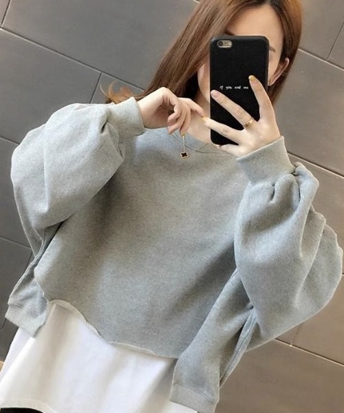 cammie（キャミー）の「レイヤード風クルーネック裾カットオフスウェットトップス（Tシャツ/カットソー・レディース・ライトグレー/ブラック/アイボリー/イエロー×グリーン・MEDIUM/LARGE）」の14枚目の写真