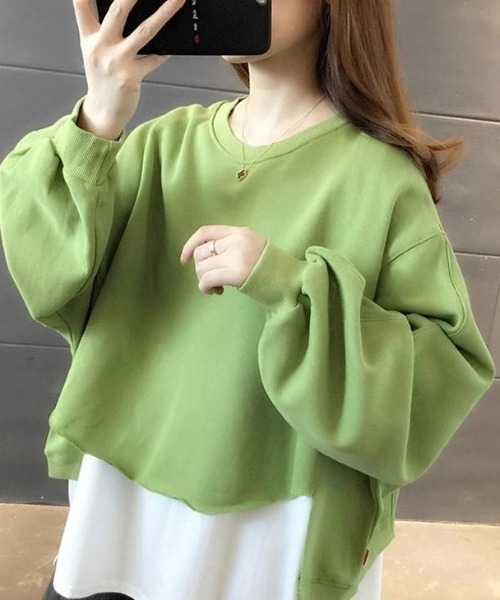 cammie（キャミー）の「レイヤード風クルーネック裾カットオフスウェットトップス（Tシャツ/カットソー・レディース・ライトグレー/ブラック/アイボリー/イエロー×グリーン・MEDIUM/LARGE）」の20枚目の写真