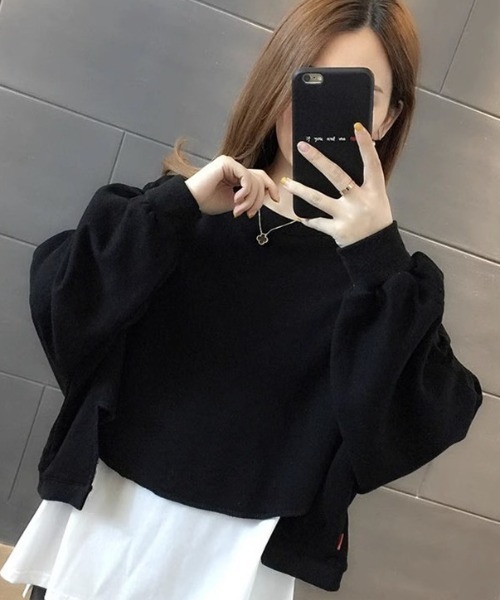 cammie（キャミー）の「レイヤード風クルーネック裾カットオフスウェットトップス（Tシャツ/カットソー・レディース・ライトグレー/ブラック/アイボリー/イエロー×グリーン・MEDIUM/LARGE）」の10枚目の写真
